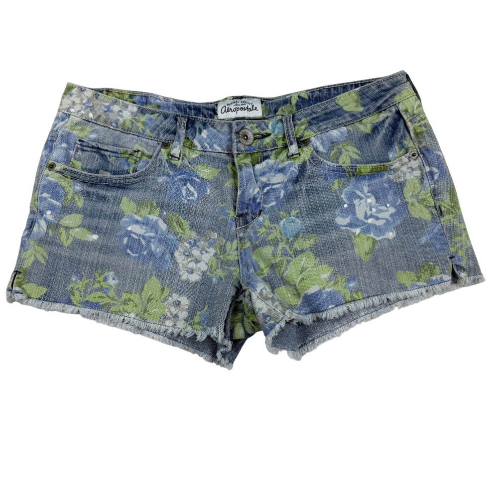VTG Y2K Aeropostale Floral Denim Micro Mini Shorts Raw Hem‎ Ultra LowRise Sz 5/6